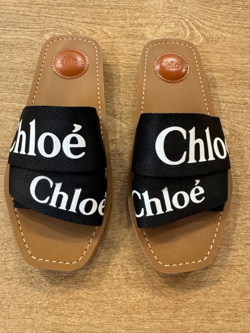 Chloé Black Logo Slide Sandals with Tan Footbed